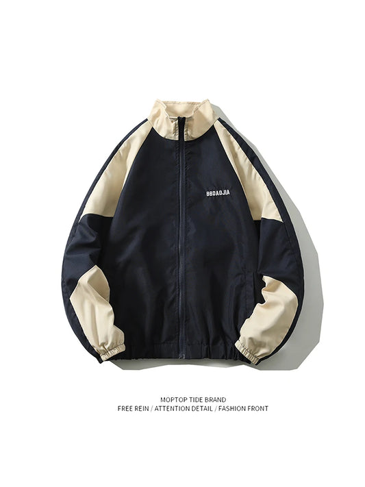 Oversize Stand Collar Jaet for Men Casual Trendy Youth Spring Autumn Loose Fit Color Blo Zipper Closure Polyester Fabric