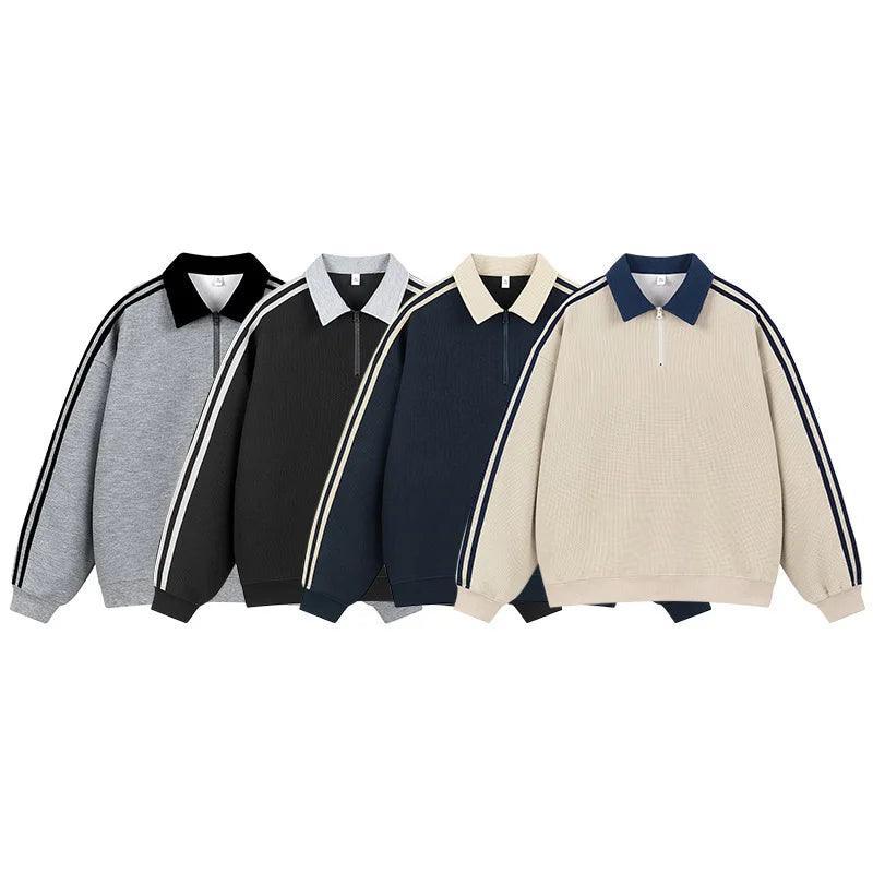 Retro American Striped Loose Fit Zip up Sweatshirt Unisex Casual Versatile College Style Polo Collar Top for Men And Women