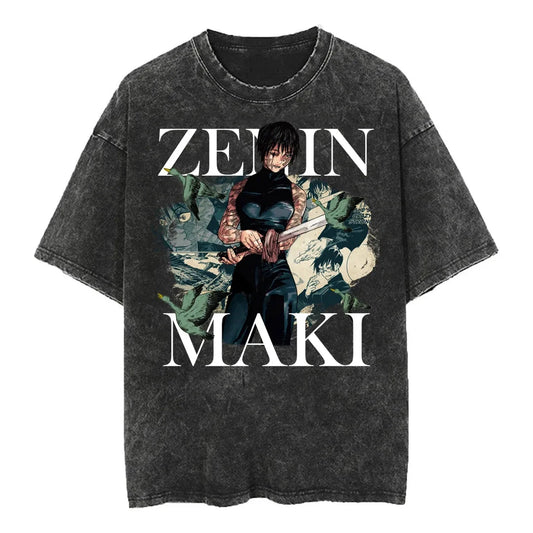 Harajuku Anime Jujutsu Kaisen Zenin Maki Vintage Washed T-Shirt Cotton Men's Streetwear Oversized Women Short Sleeve Unisex Y2k