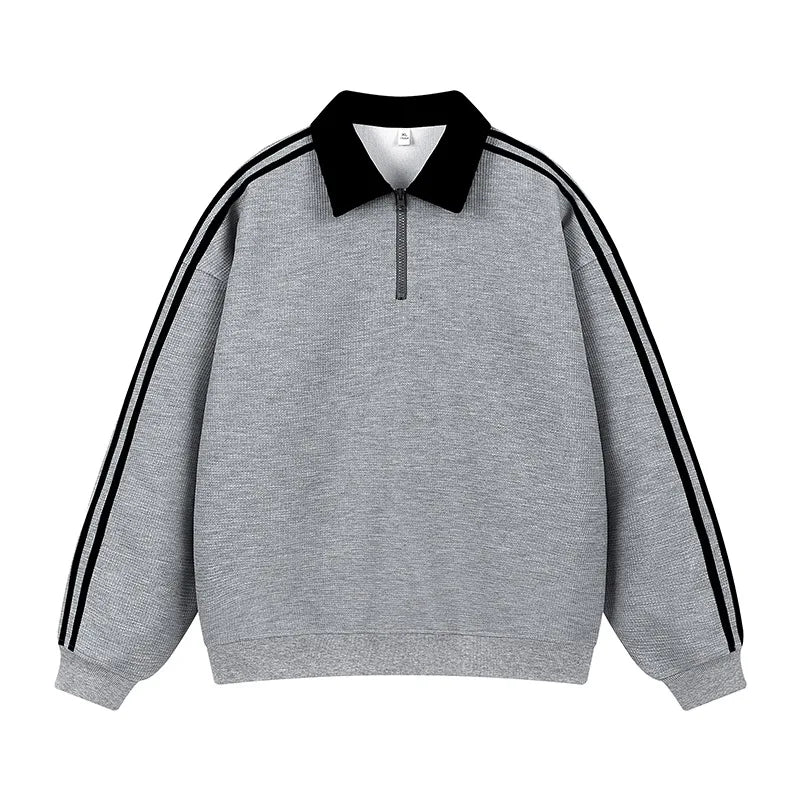 Retro American Striped Loose Fit Zip up Sweatshirt Unisex Casual Versatile College Style Polo Collar Top for Men And Women