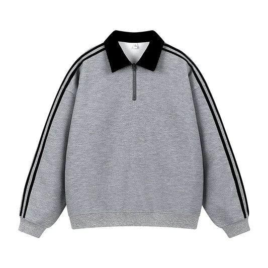 Retro American Striped Loose Fit Zip up Sweatshirt Unisex Casual Versatile College Style Polo Collar Top for Men And Women