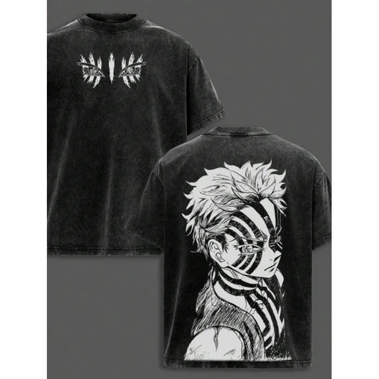 Men's Cotton T-shirt Washed Anime Pattern Streetwear Retro Hip Hop Style Loose Fit round Neck Short Sleeve Summer Top