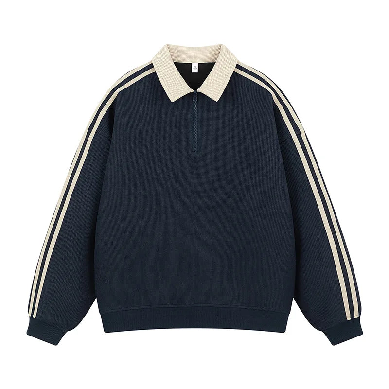 Retro American Striped Loose Fit Zip up Sweatshirt Unisex Casual Versatile College Style Polo Collar Top for Men And Women