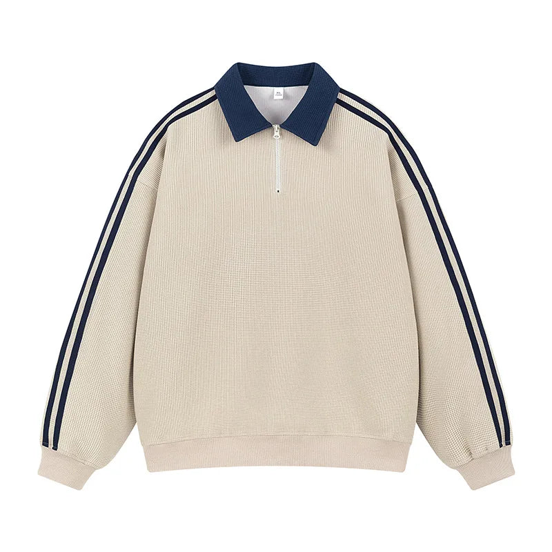 Retro American Striped Loose Fit Zip up Sweatshirt Unisex Casual Versatile College Style Polo Collar Top for Men And Women
