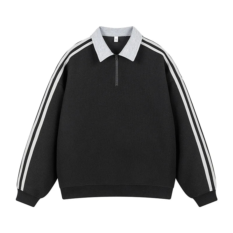 Retro American Striped Loose Fit Zip up Sweatshirt Unisex Casual Versatile College Style Polo Collar Top for Men And Women